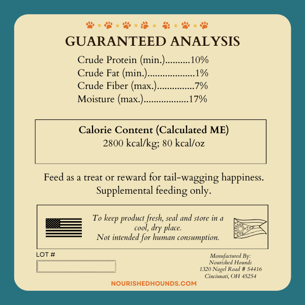 Guaranteed analysis label for a pet food product on a beige background with text and icons.