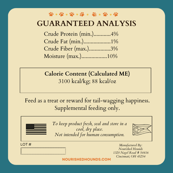 Guaranteed analysis label for a pet product with nutritional information and branding details.