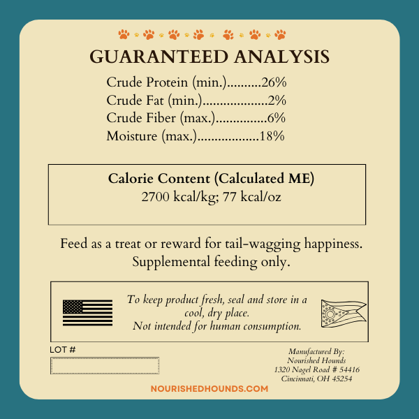 Guaranteed analysis label for a pet food product on a beige background with text and icons.
