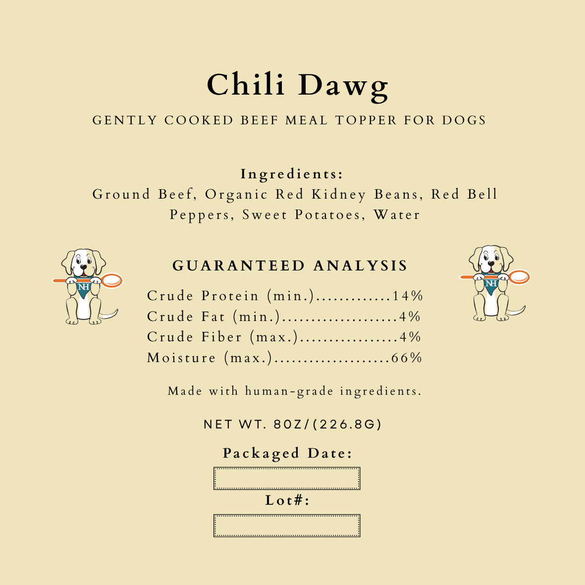 Chili Dawg dog food label with ingredients and guaranteed analysis on a beige background
