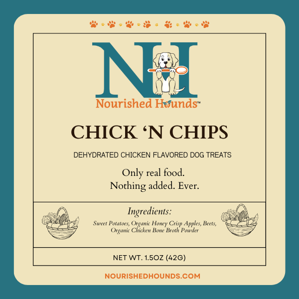 Nourished Hounds Chick 'N Chips dog treat packaging on a beige background