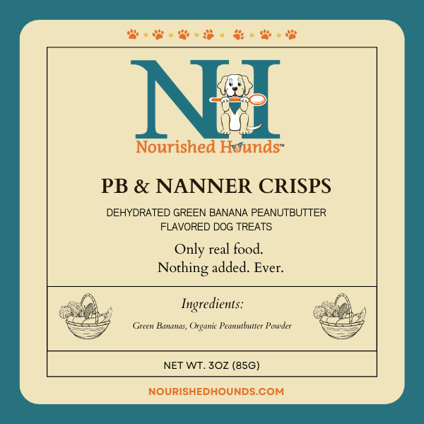 Nourished Hounds PB & Nanner Crisps dog treat packaging on a beige background