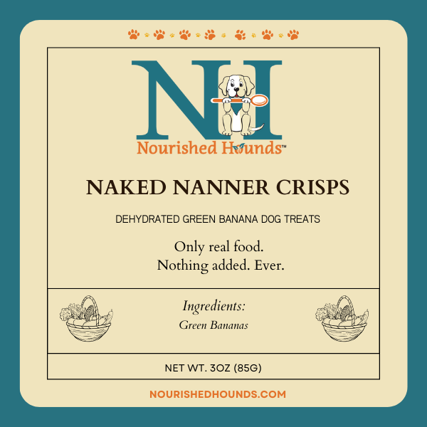Nourished Hounds Naked Nanner Crisps label on a beige background