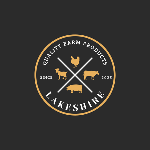 Lakeshire farm products logo with animals and text on a black background
