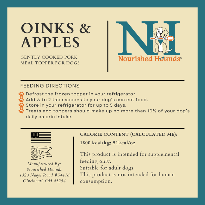Nourished Hounds Oinks & Apples product label with feeding directions and calorie content.