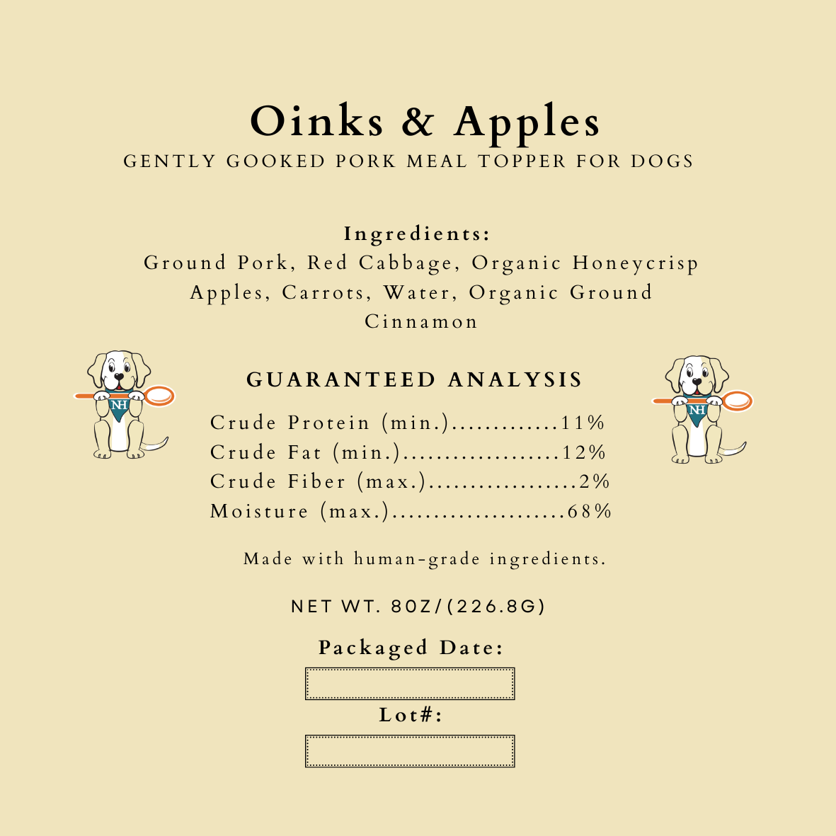 Product label for 'Oinks & Apples' dog food topper with ingredients and guaranteed analysis on a beige background.